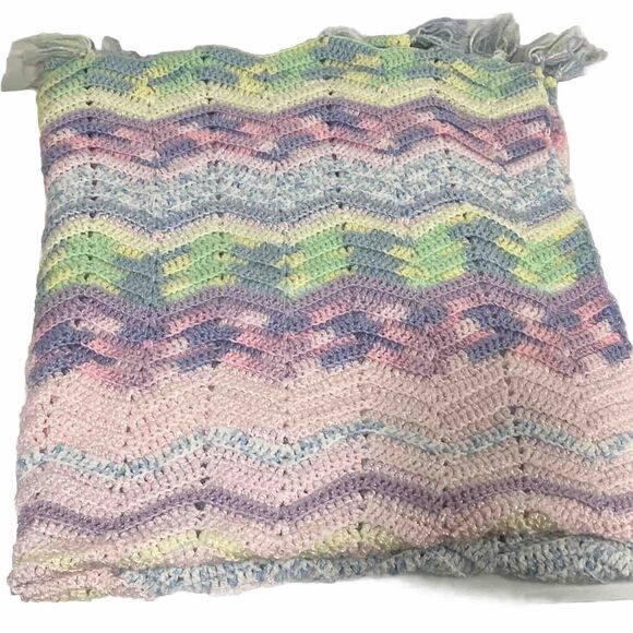 Beautifully Hand Knit Crocheted Blanket Baby Rainbow Pastel Color 47”x33” - Picture 1 of 4